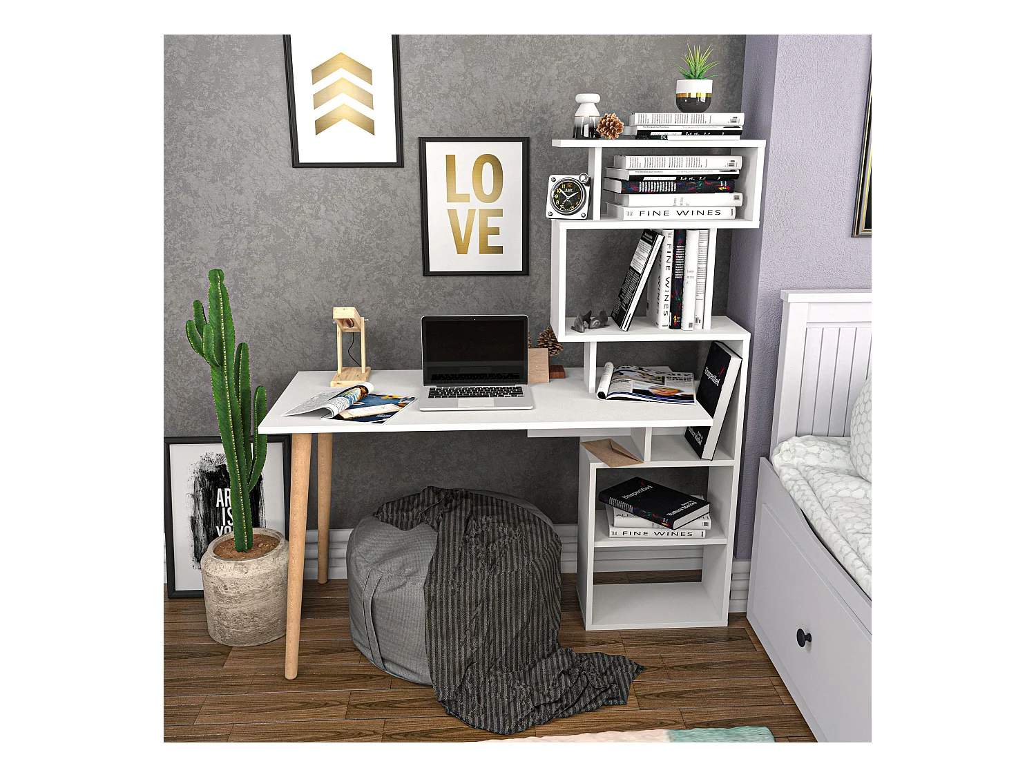 Bureau avec étagères Bardon L133cm Blanc