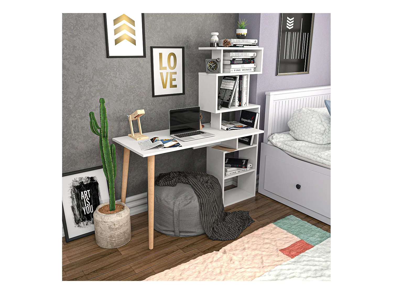 Bureau avec étagères Bardon L133cm Blanc