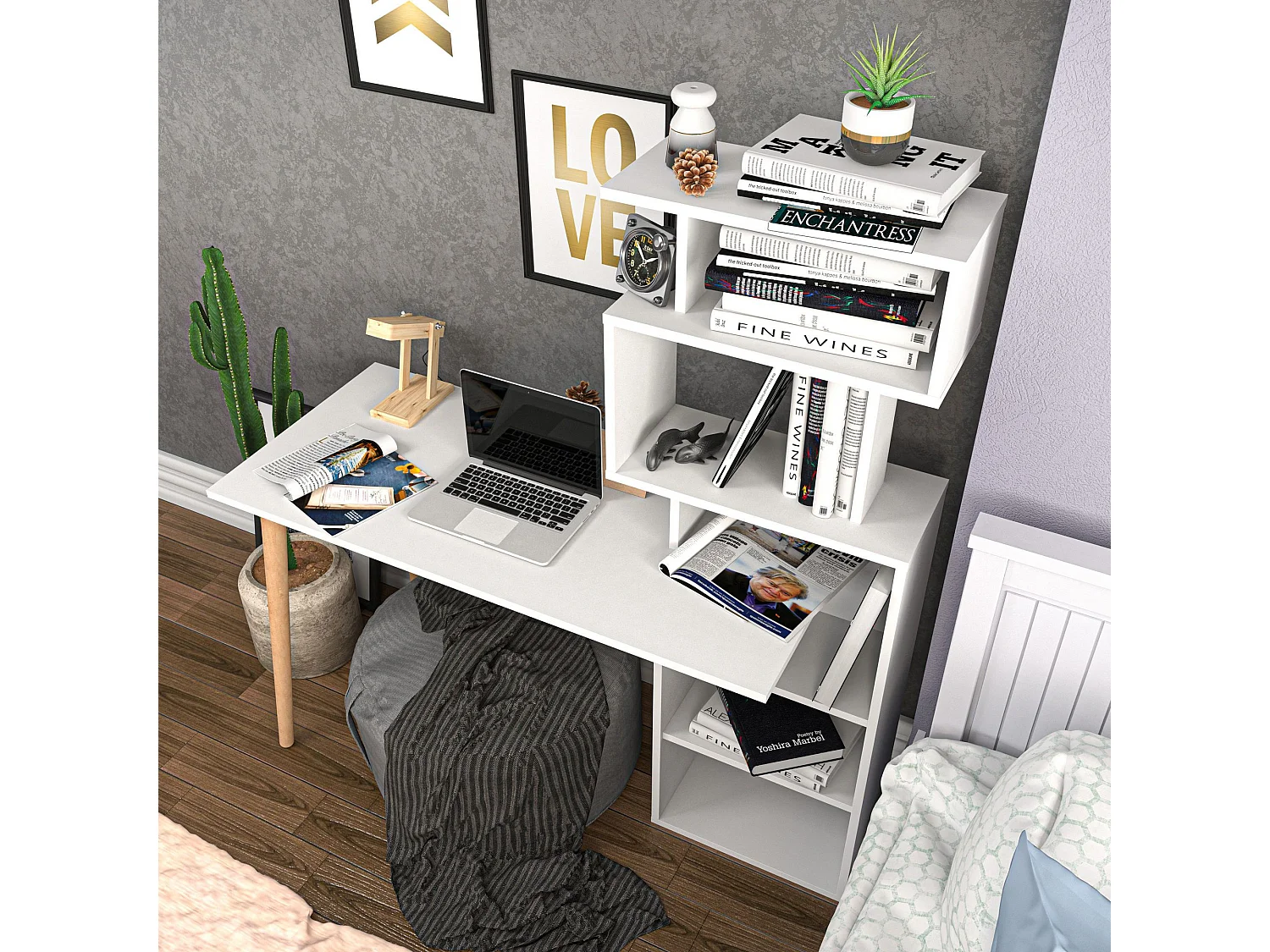 Bureau avec étagères Bardon L133cm Blanc