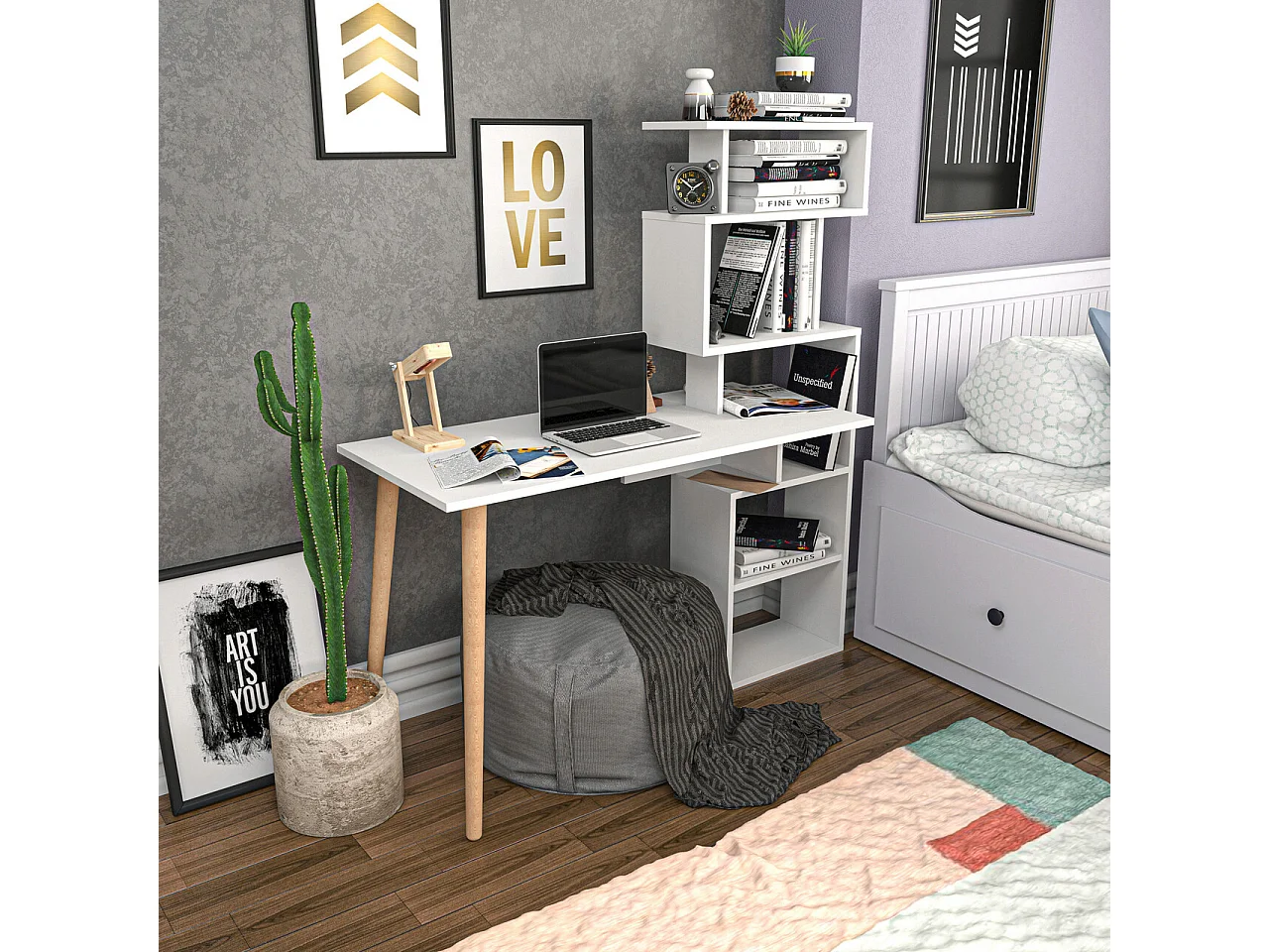 Bureau avec étagères Bardon L133cm Blanc