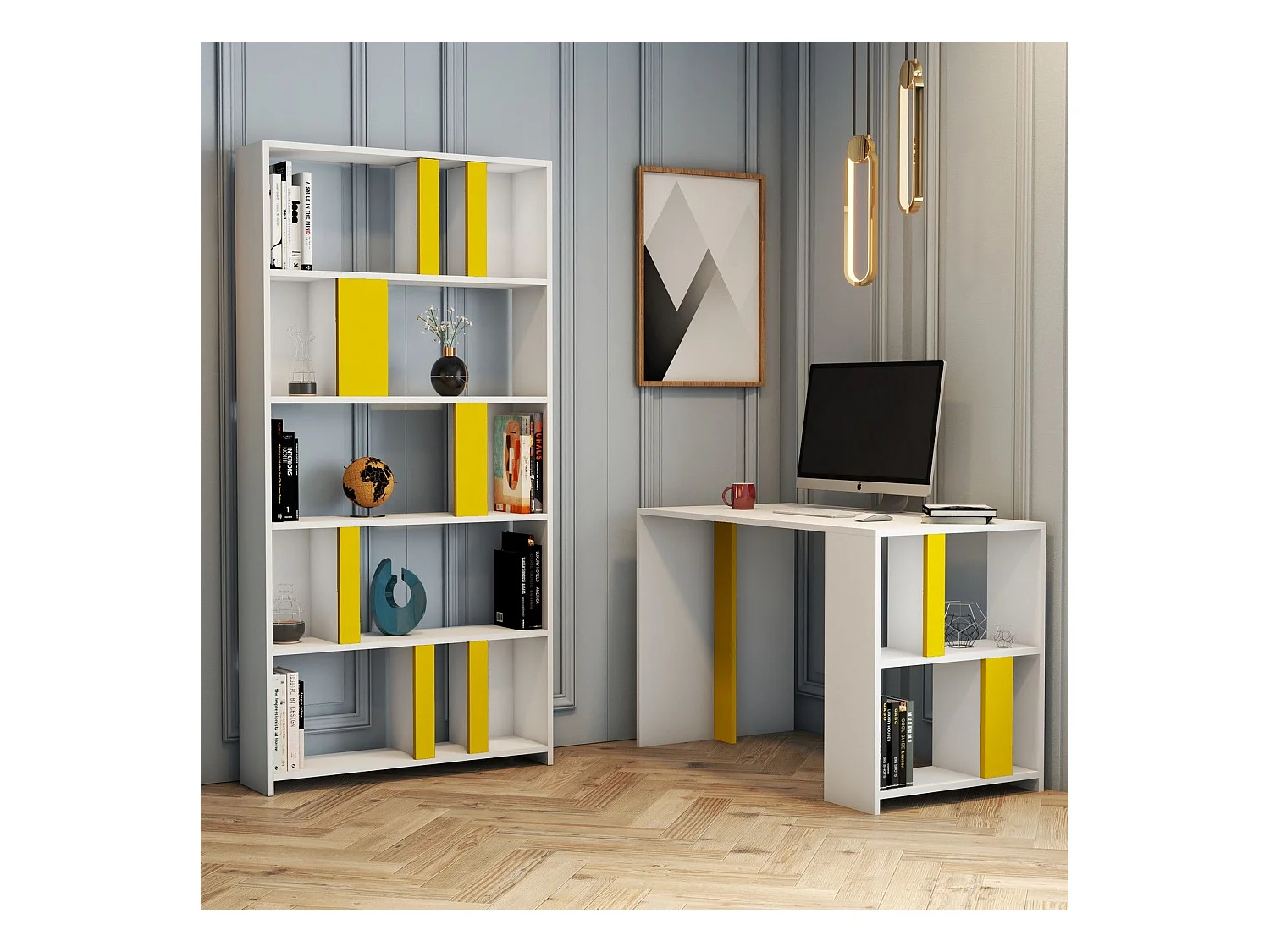 Ensemble bureau et bibliothèque Officium Bois Blanc et Jaune