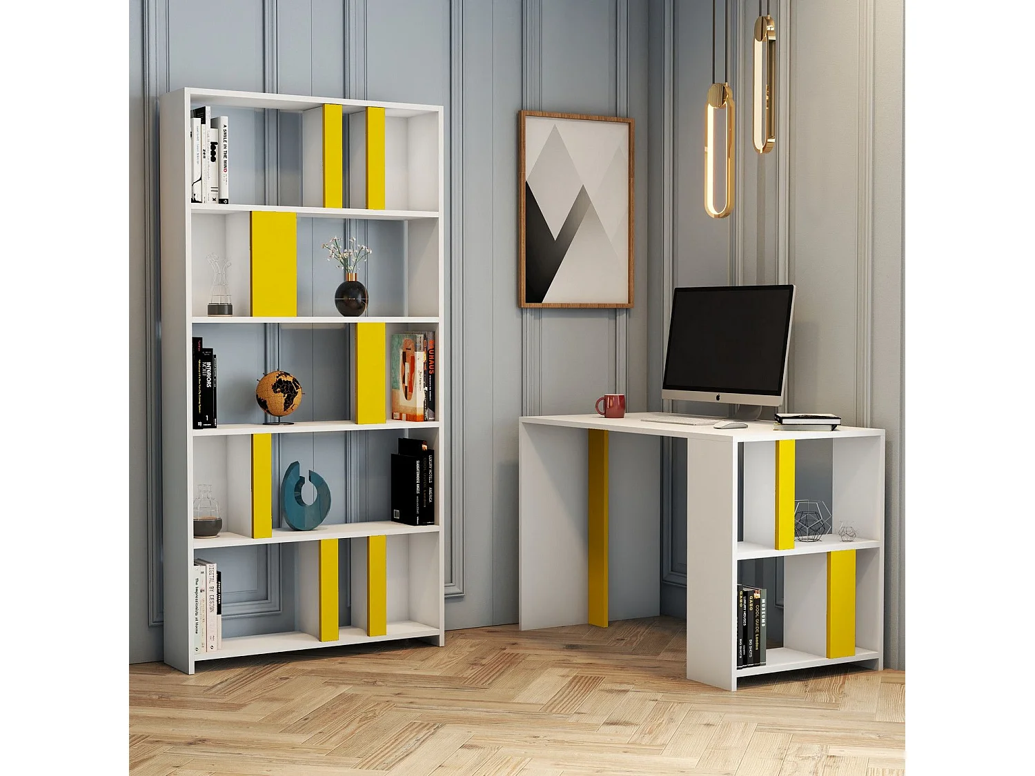 Secretária e Estante de Estudo Lima - Branco e Amarelo para um Espaço Inspirador
