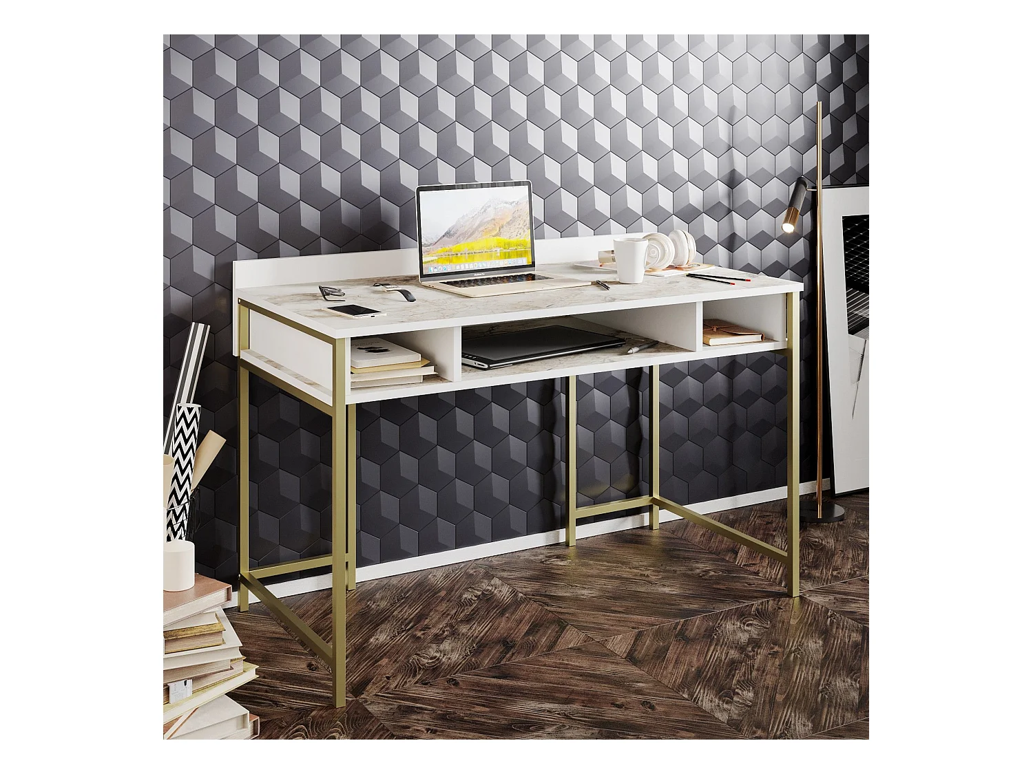 Bureau 3 étagères Plinio 119,5x65,2cm Bois Blanc effet marbre et Métal Or