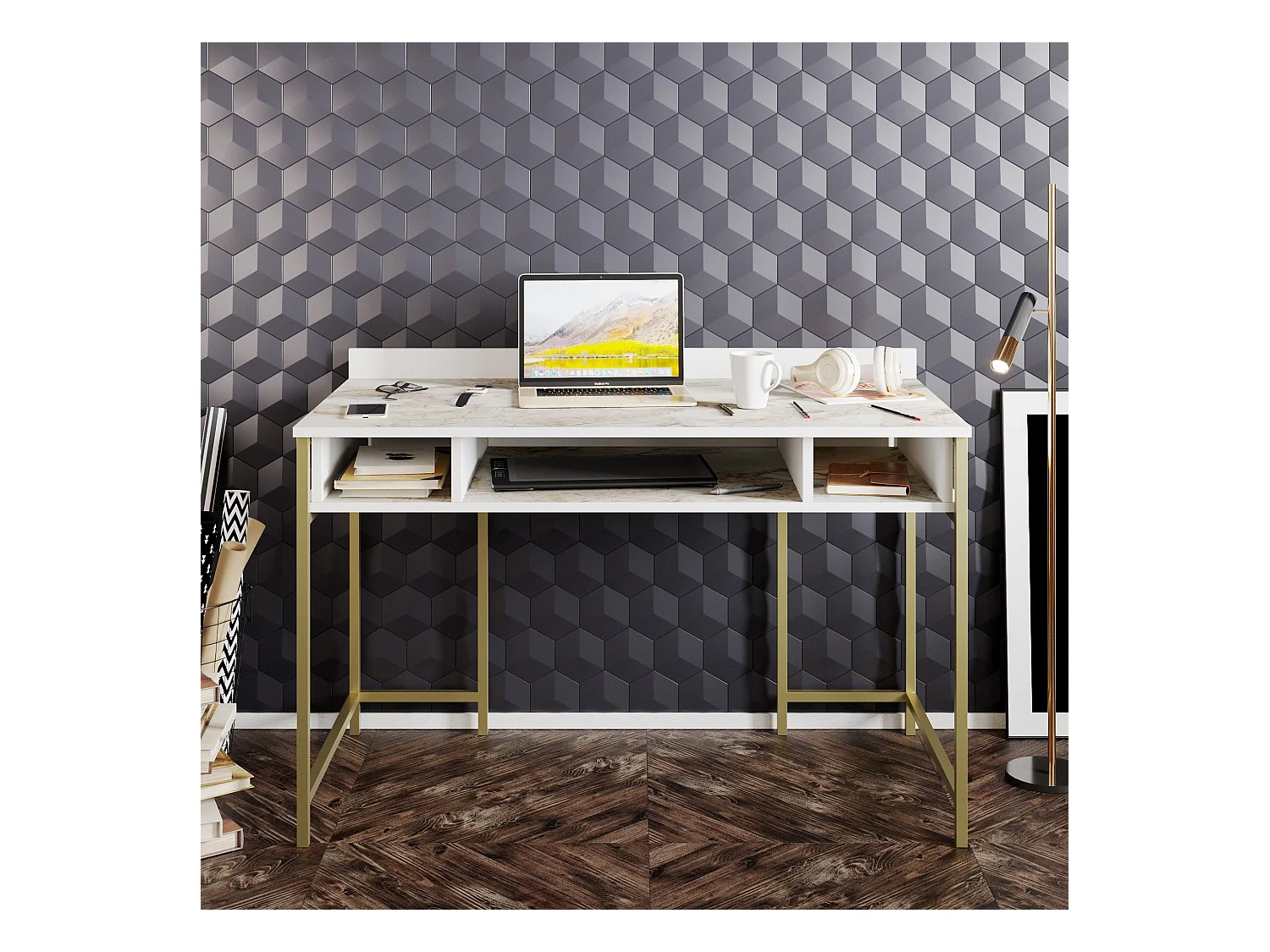 Bureau 3 étagères Plinio 119,5x65,2cm Bois Blanc effet marbre et Métal Or