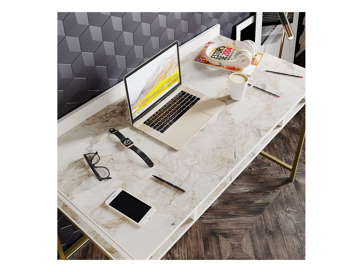 Bureau 3 étagères Plinio 119,5x65,2cm Bois Blanc effet marbre et Métal Or