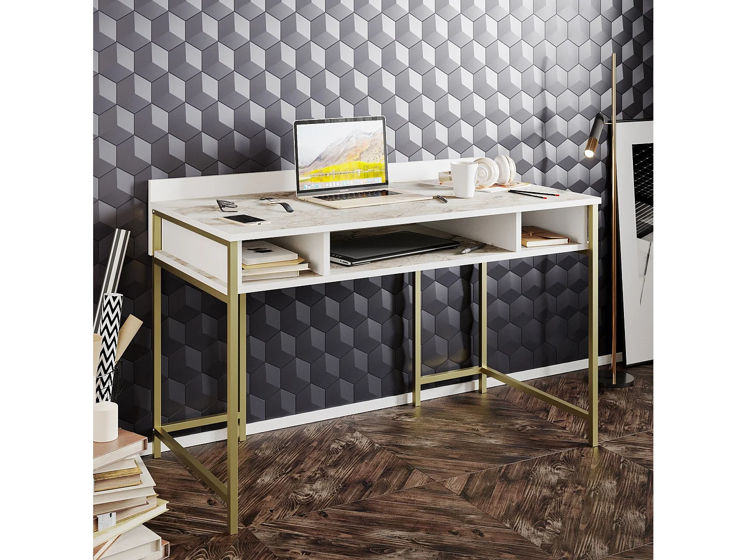 Bureau 3 étagères Plinio 119,5x65,2cm Bois Blanc effet marbre et Métal Or