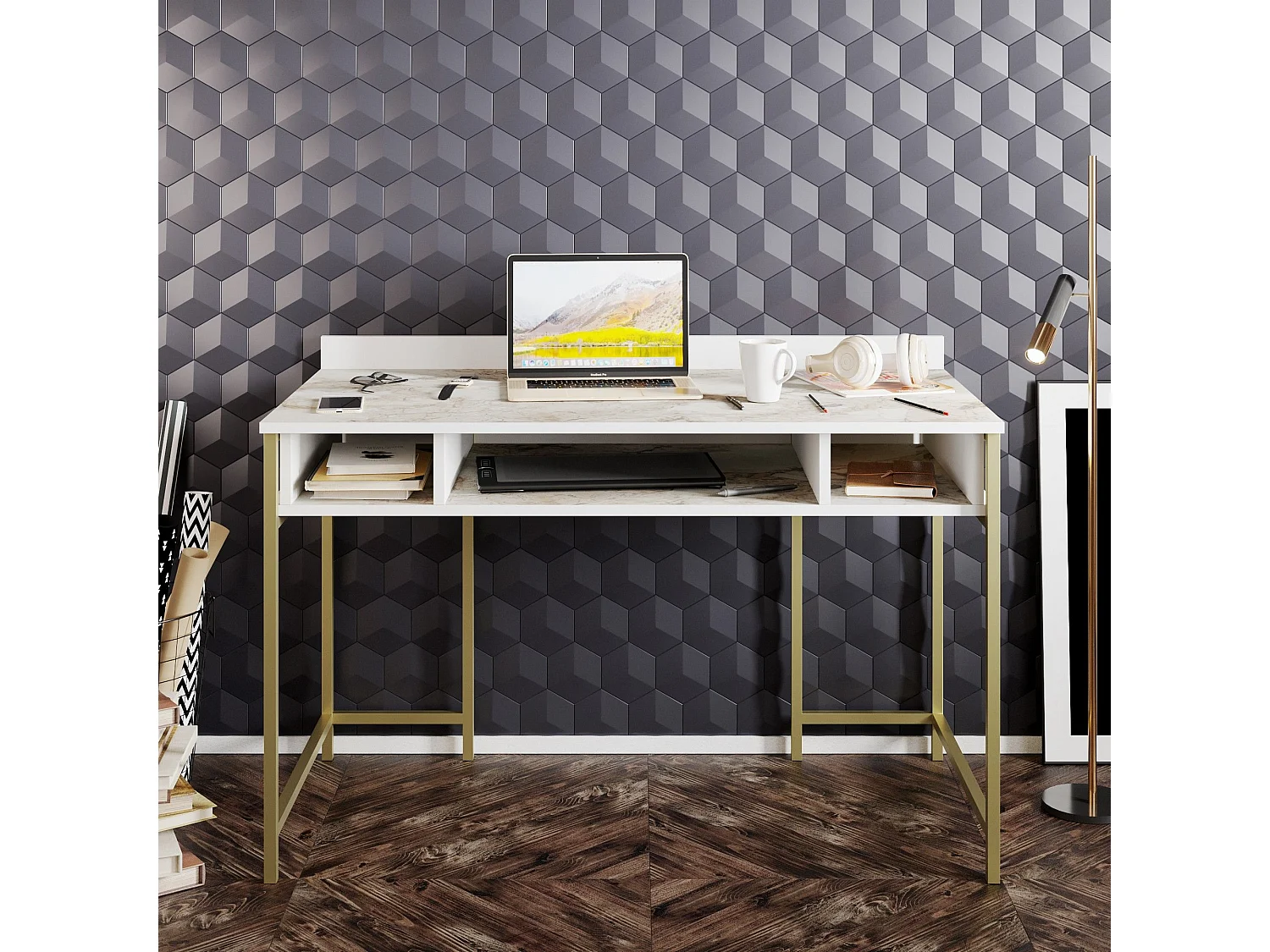 Bureau 3 étagères Plinio 119,5x65,2cm Bois Blanc effet marbre et Métal Or