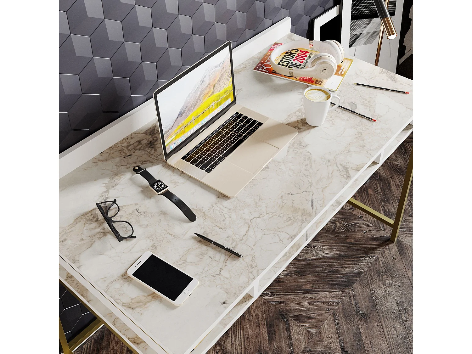 Bureau 3 étagères Plinio 119,5x65,2cm Bois Blanc effet marbre et Métal Or