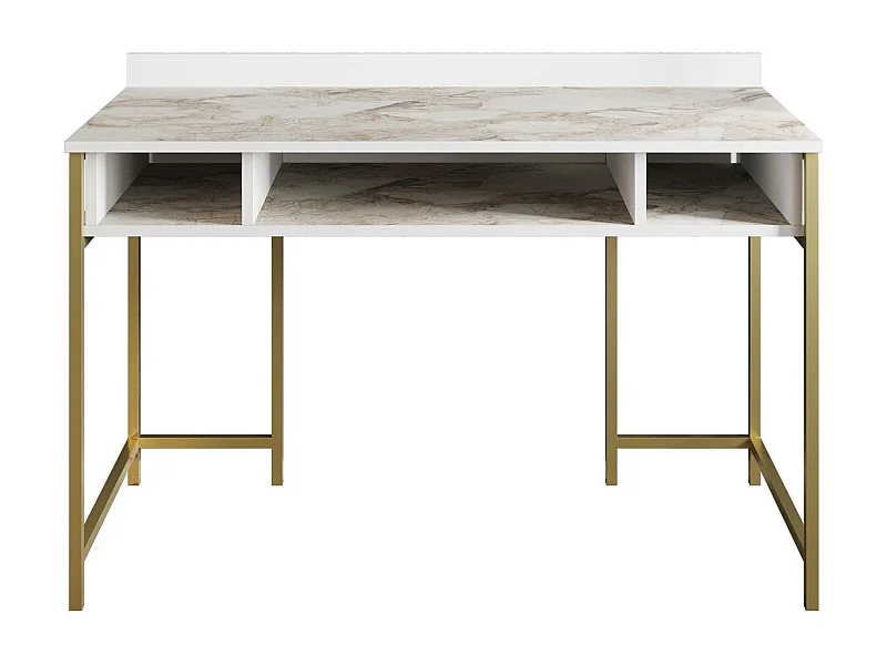 Bureau 3 étagères Plinio 119,5x65,2cm Bois Blanc effet marbre et Métal Or