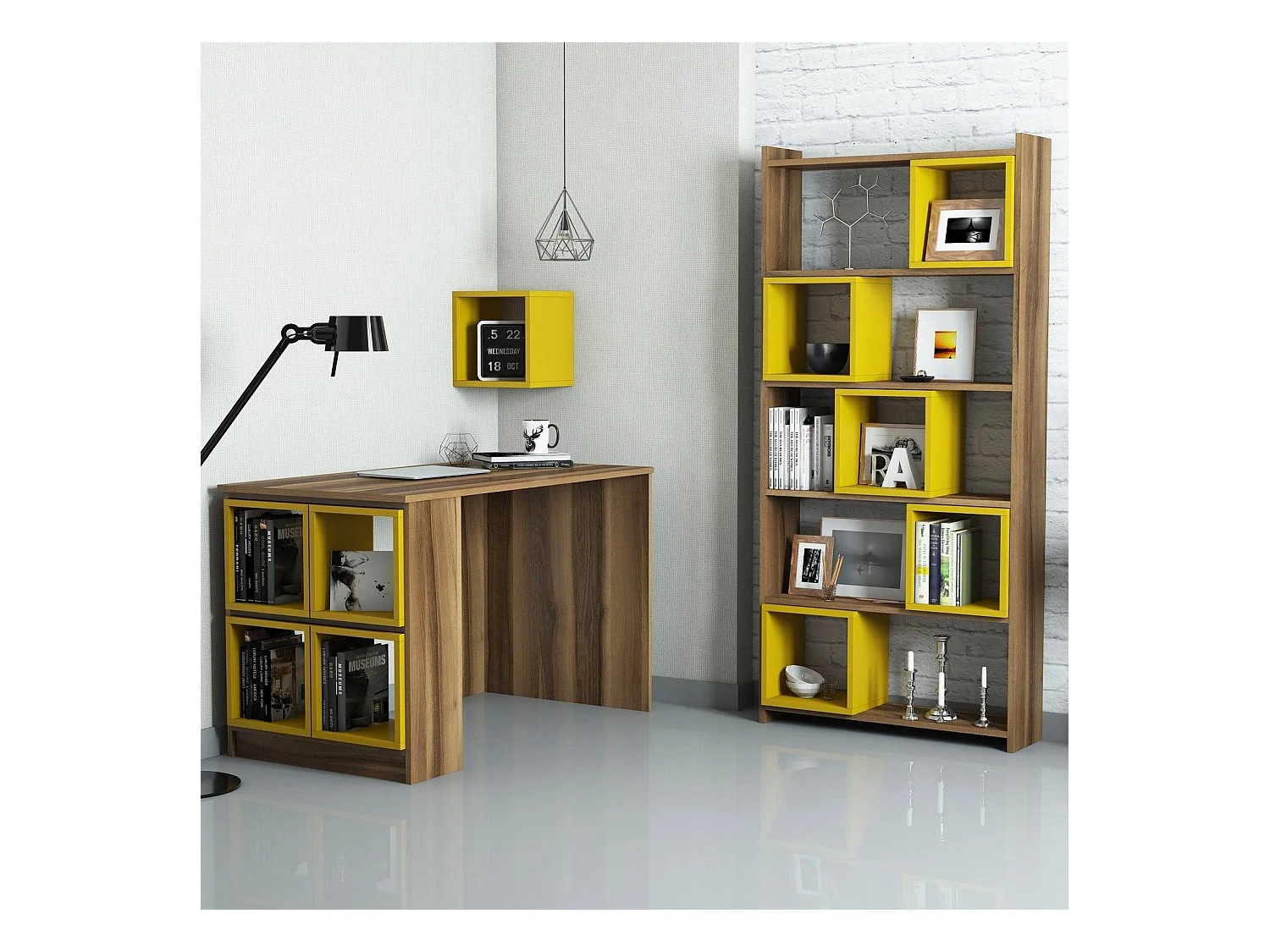 Ensemble bureau bibliothèque et étagère Officila Bois et Jaune