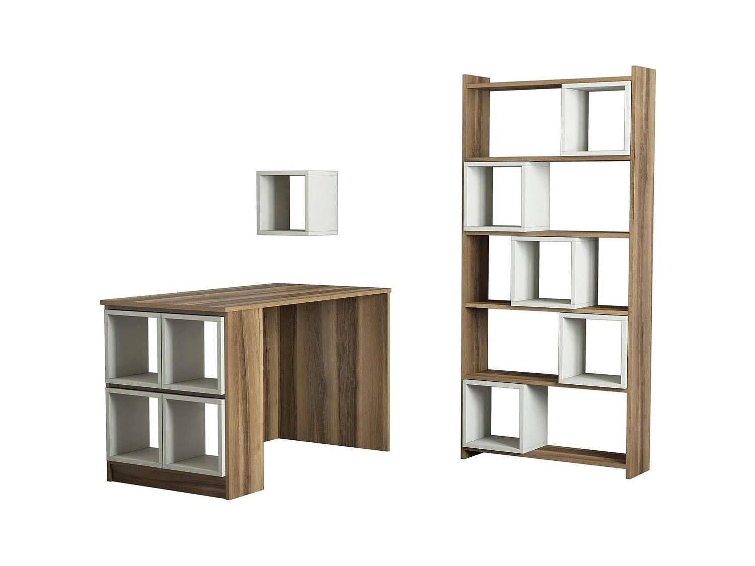 Ensemble bureau bibliothèque et étagère Officila Bois Naturel et Blanc Blanc créme