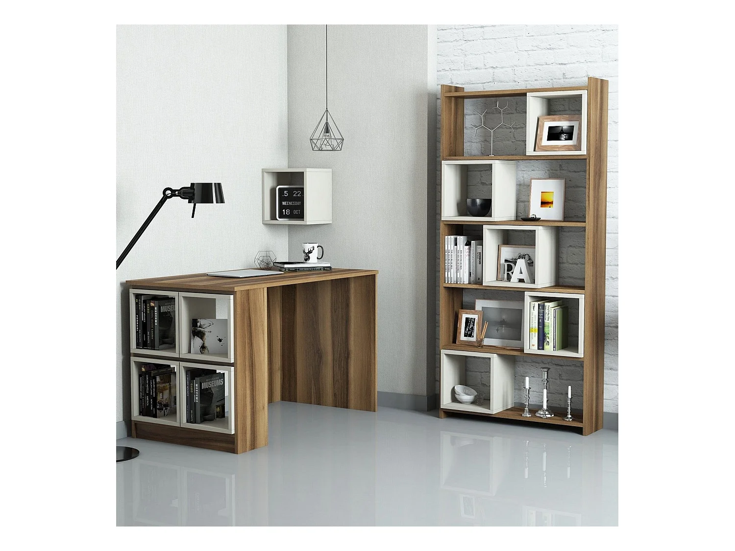 Ensemble bureau bibliothèque et étagère Officila Bois Naturel et Blanc Blanc créme