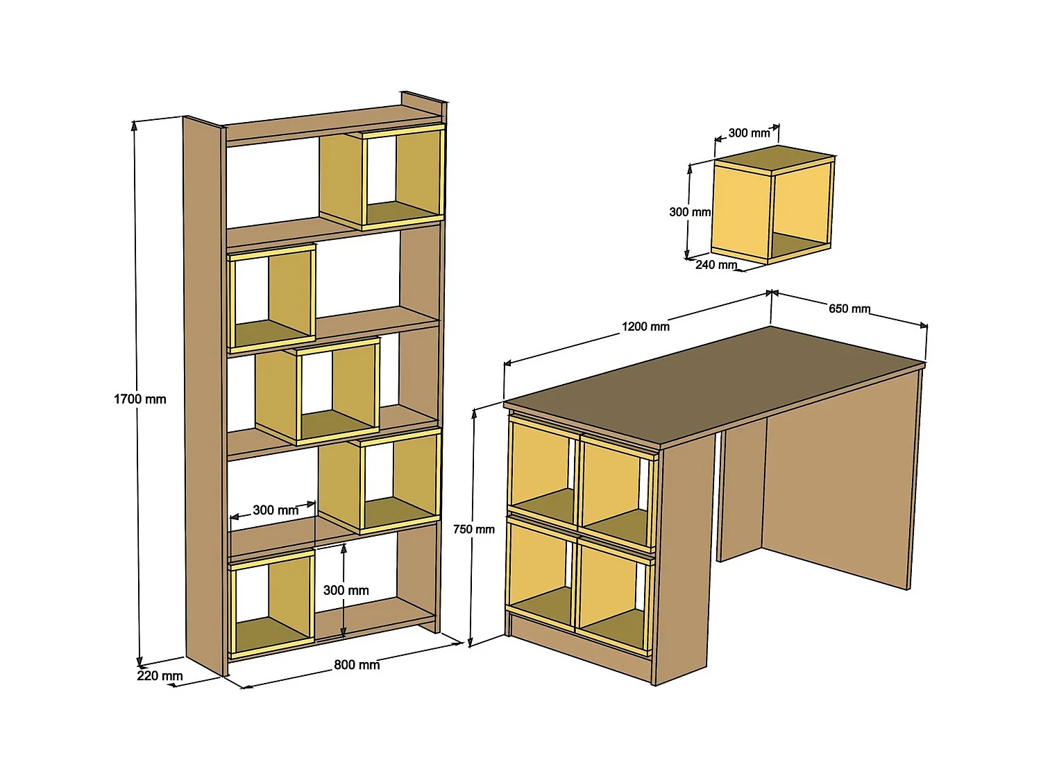 Ensemble bureau bibliothèque et étagère Officila Bois Naturel et Blanc Blanc créme