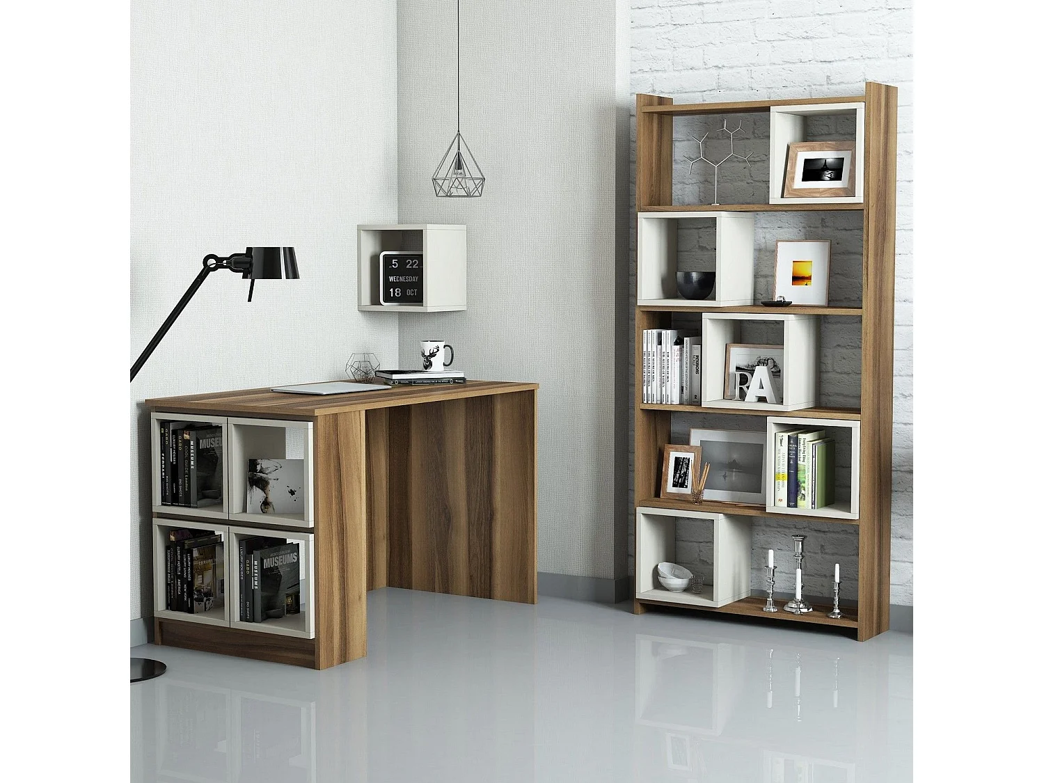 Conjunto de Secretária e Estante em Nogueira e Creme para Estudo Moderno