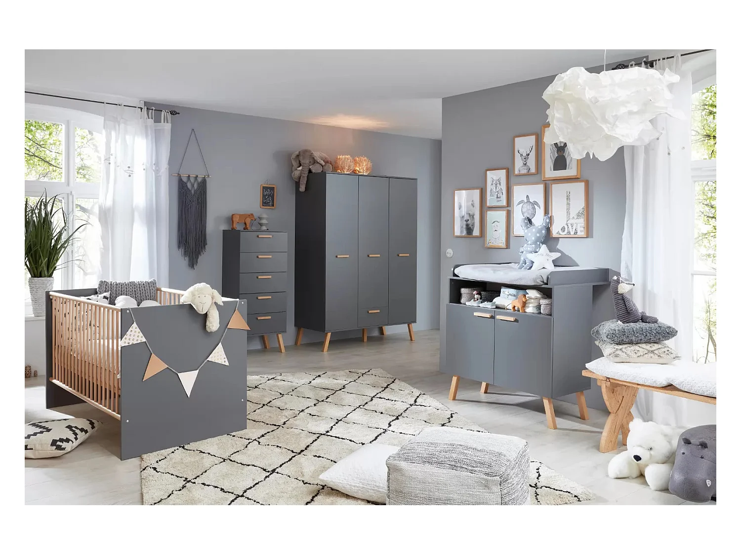 Lit à barreaux 70x140 mélaminé gris mat et bois clair Mathys