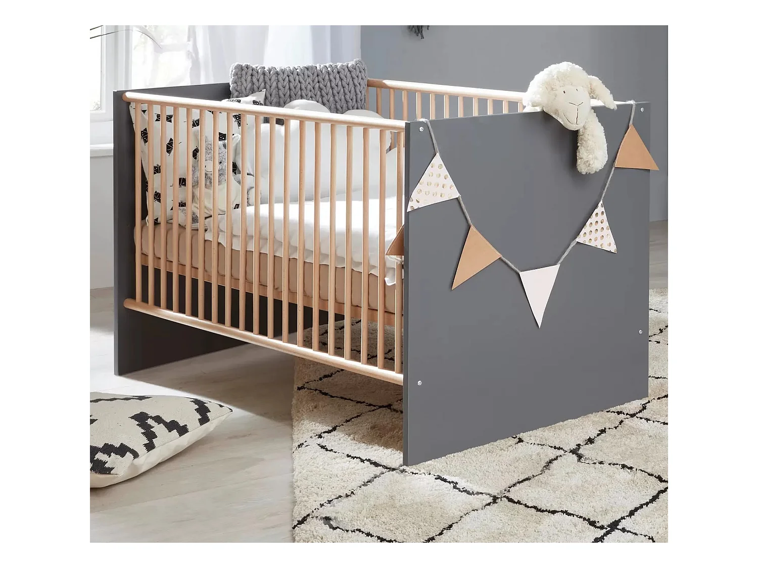 Lit à barreaux 70x140 mélaminé gris mat et bois clair Mathys