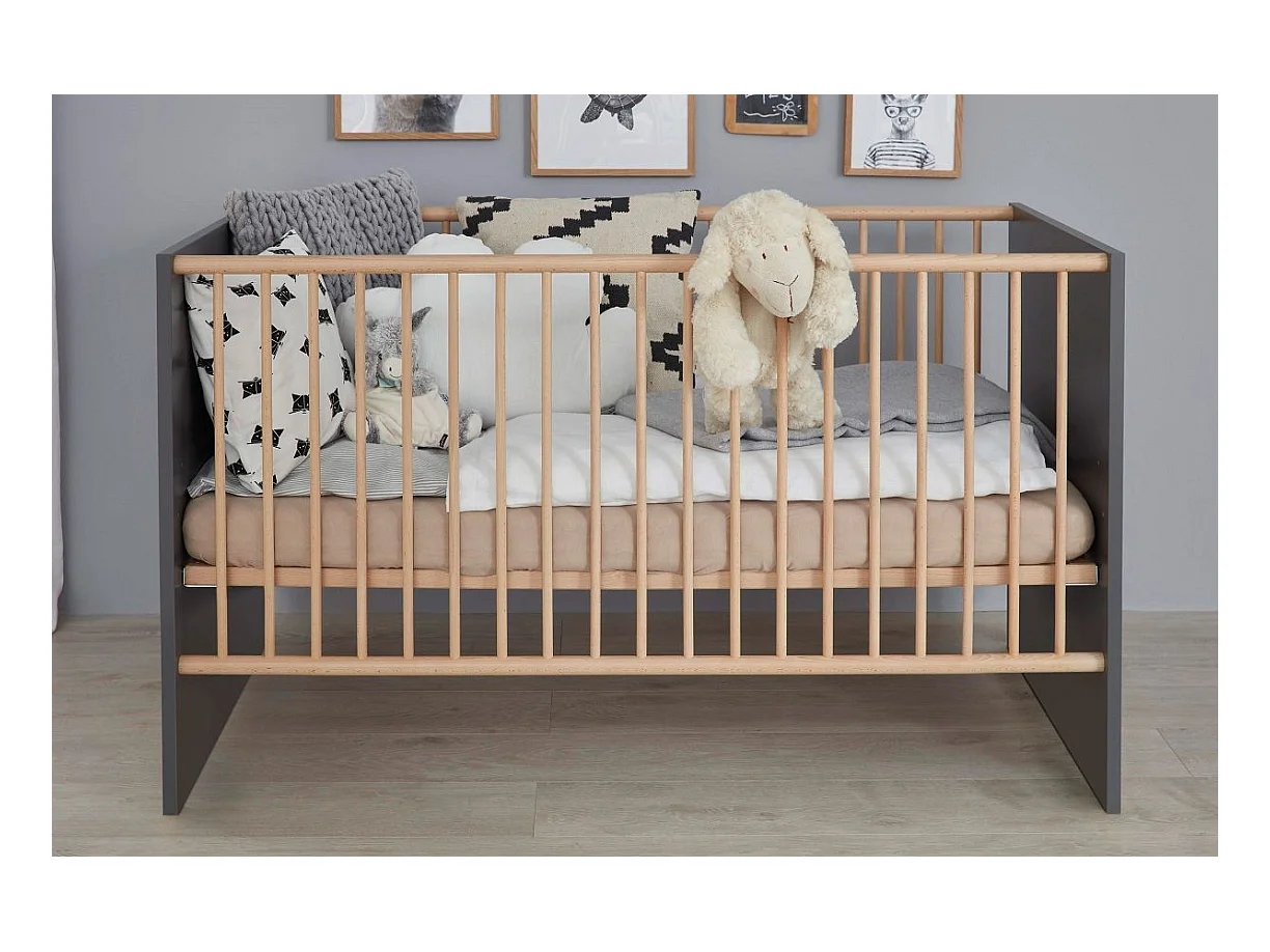 Lit à barreaux 70x140 mélaminé gris mat et bois clair Mathys