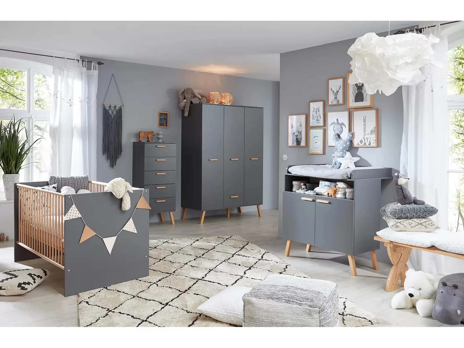 Lit à barreaux 70x140 mélaminé gris mat et bois clair Mathys