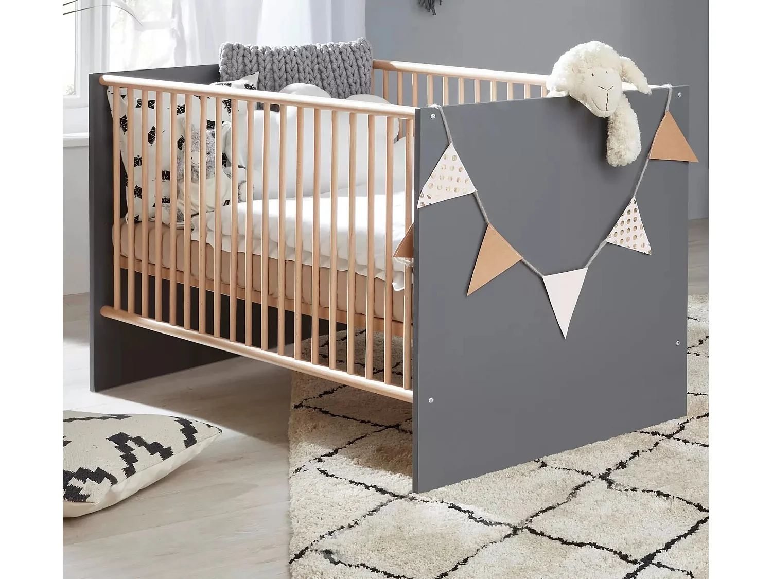 Lit à barreaux 70x140 mélaminé gris mat et bois clair Mathys