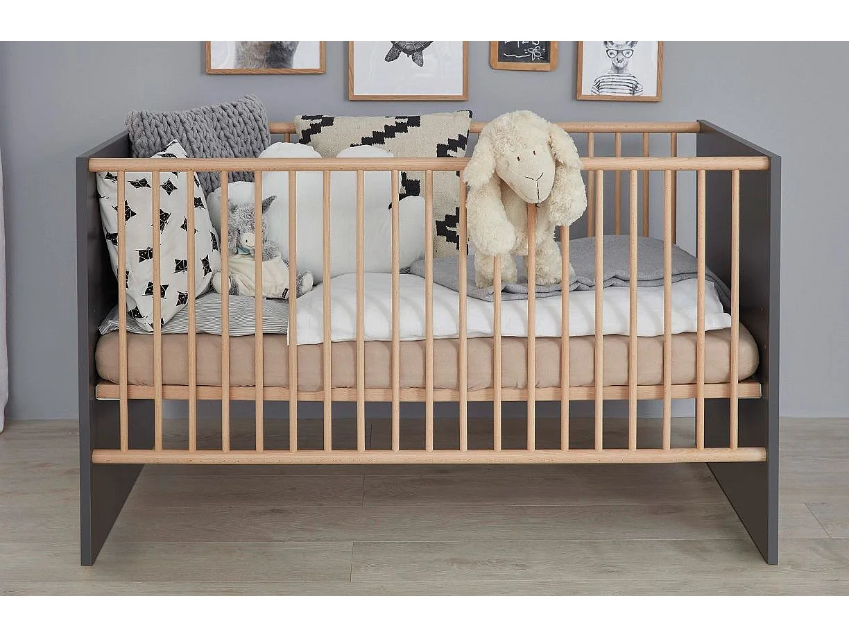 Lit à barreaux 70x140 mélaminé gris mat et bois clair Mathys