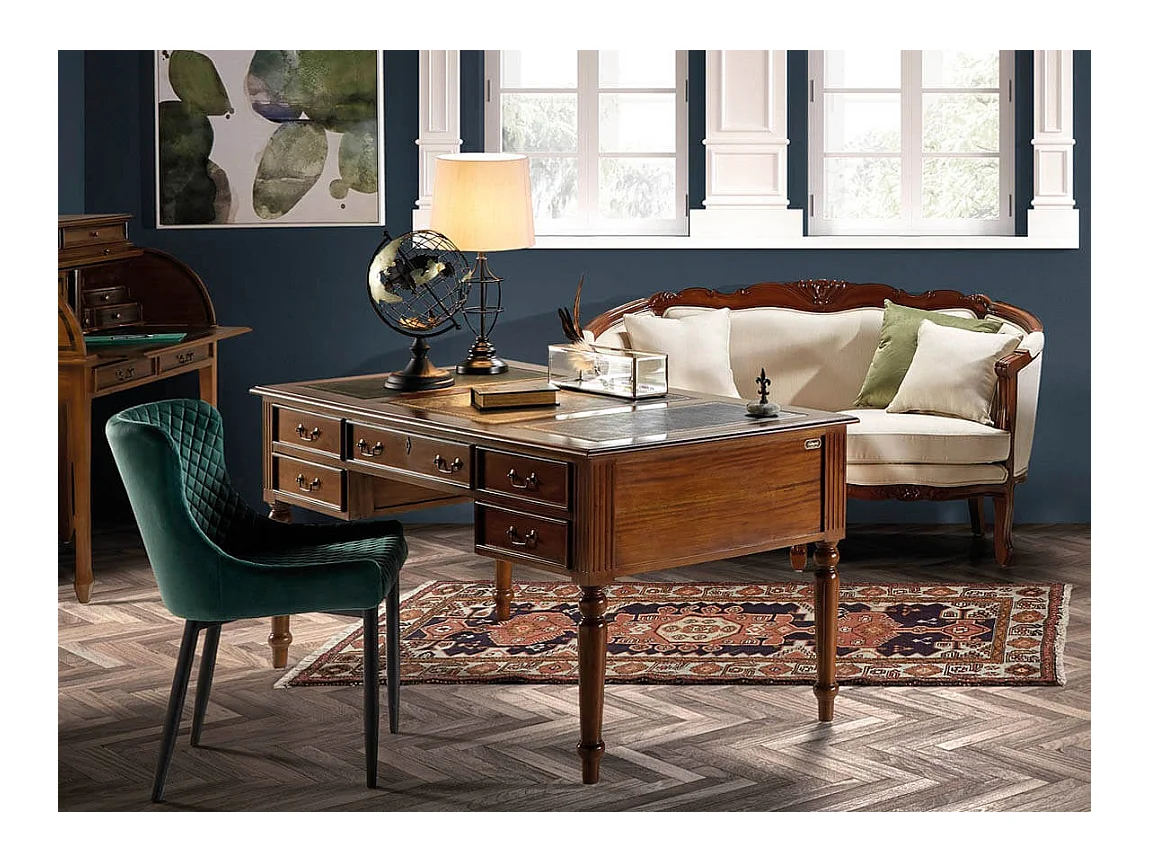 Bureau en bois massif d'acajou 5 tiroirs CASTLE 180cm