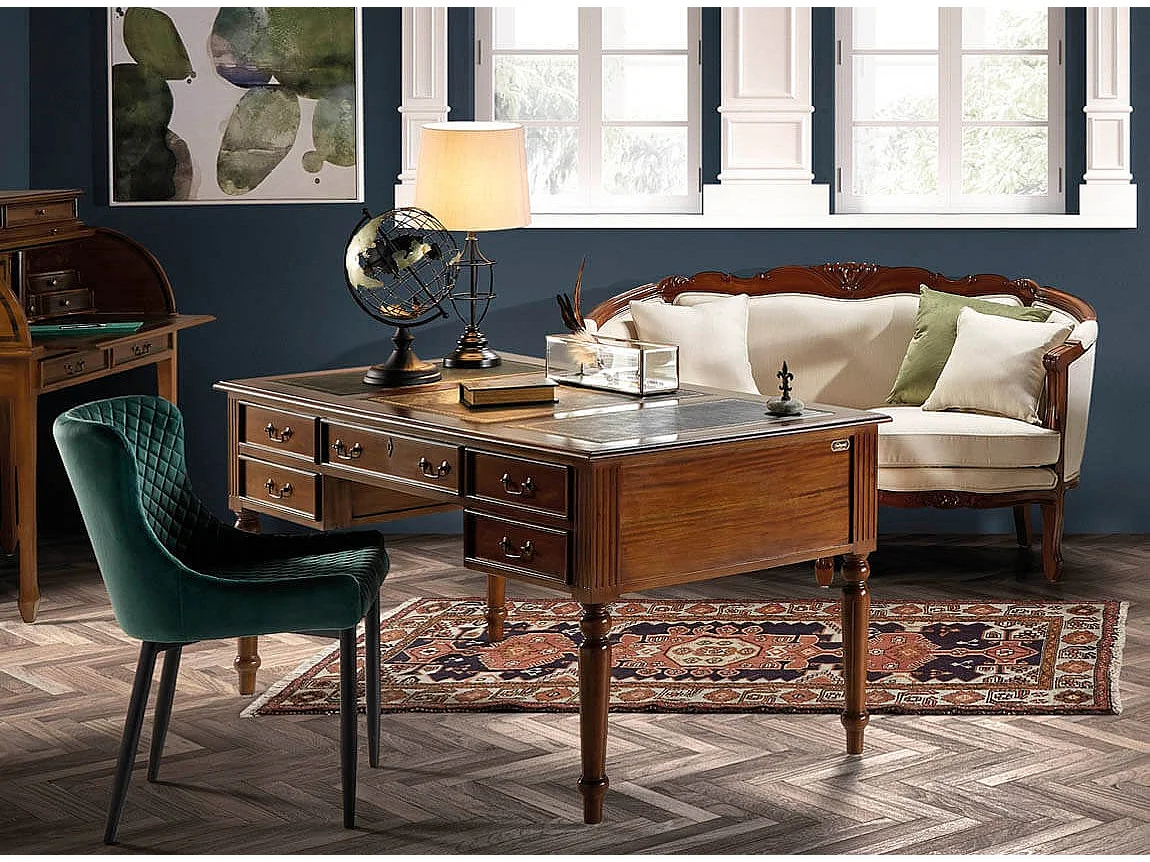 Bureau en bois massif d'acajou 5 tiroirs CASTLE 180cm