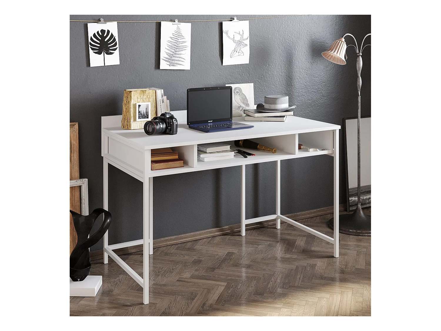 Bureau 3 étagères Plinio 119,5x65,2cm Bois Métal Blanc