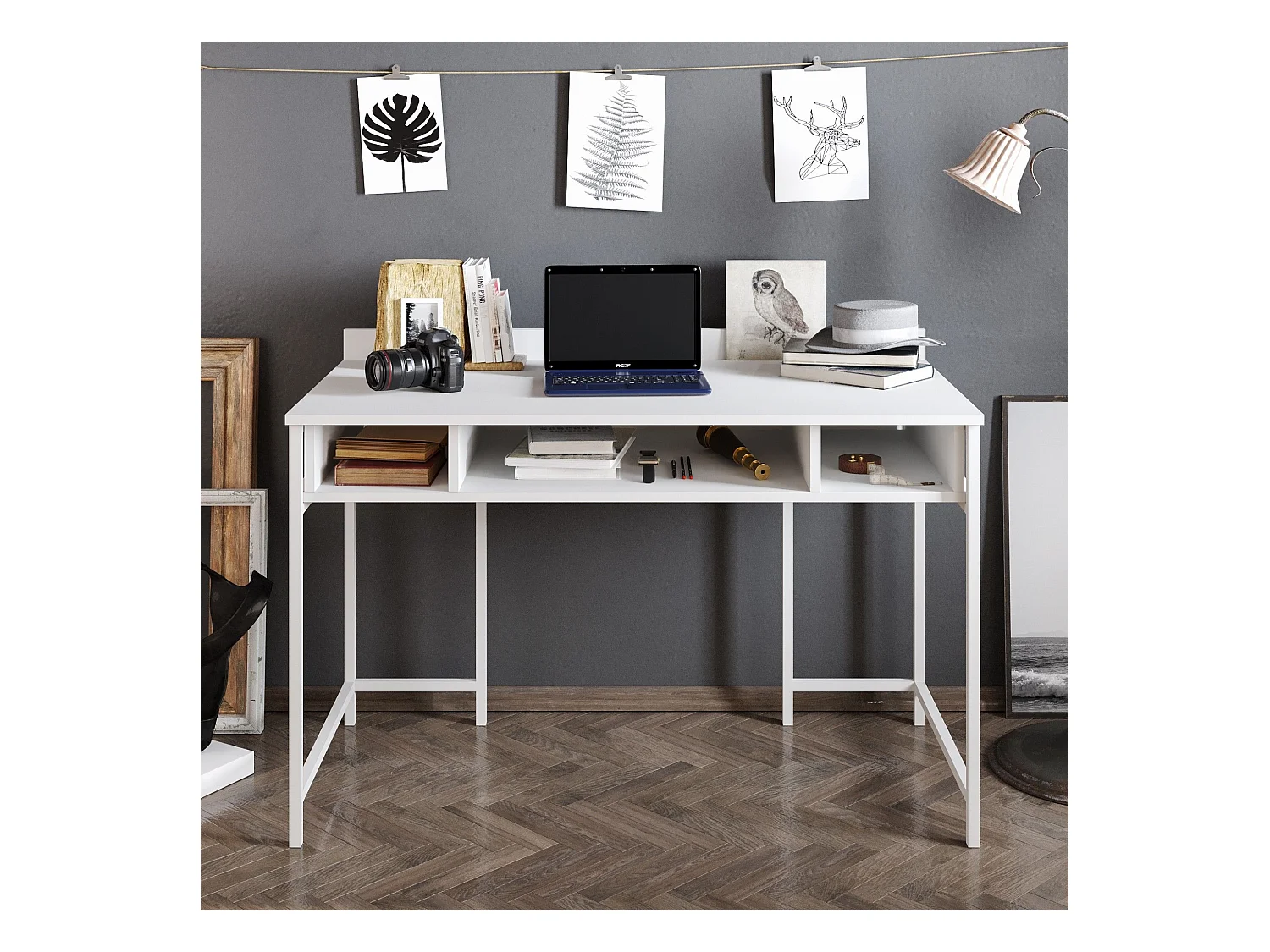 Bureau 3 étagères Plinio 119,5x65,2cm Bois Métal Blanc