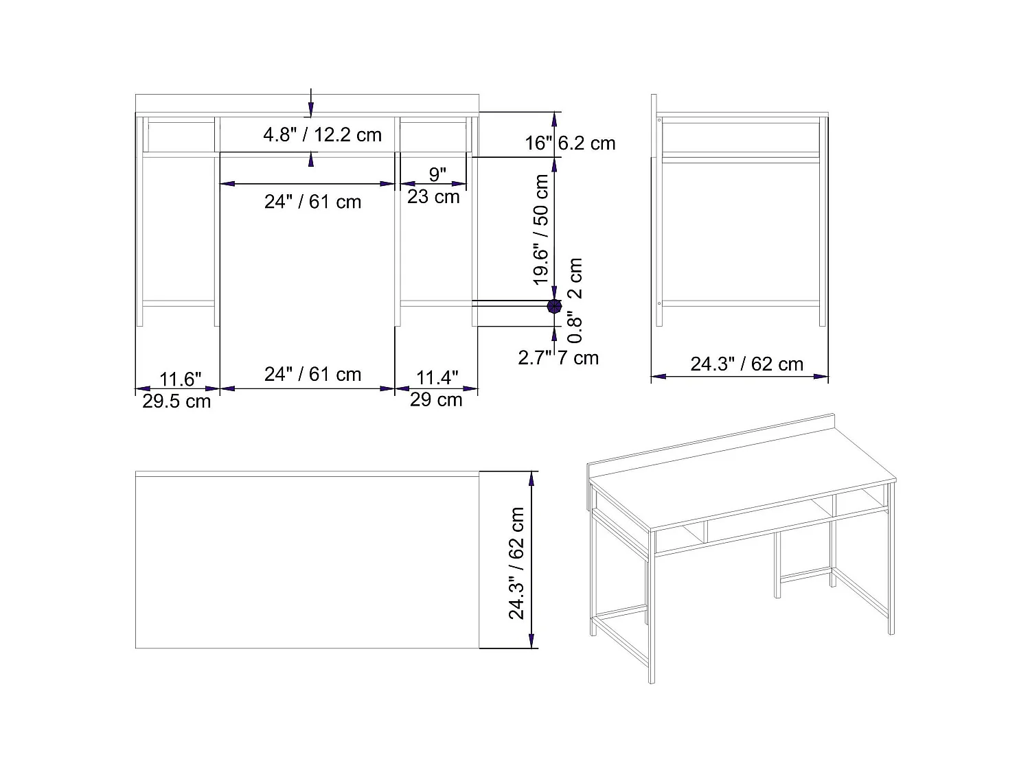 Bureau 3 étagères Plinio 119,5x65,2cm Bois Métal Blanc