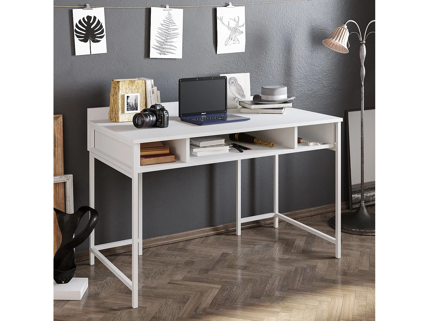 Bureau 3 étagères Plinio 119,5x65,2cm Bois Métal Blanc