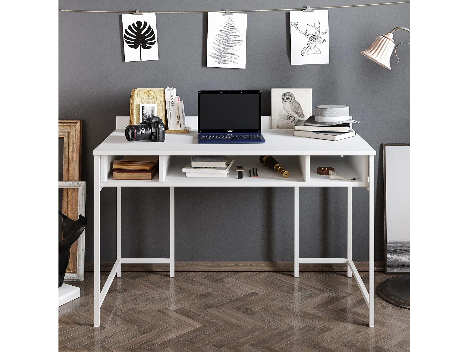 Bureau 3 étagères Plinio 119,5x65,2cm Bois Métal Blanc