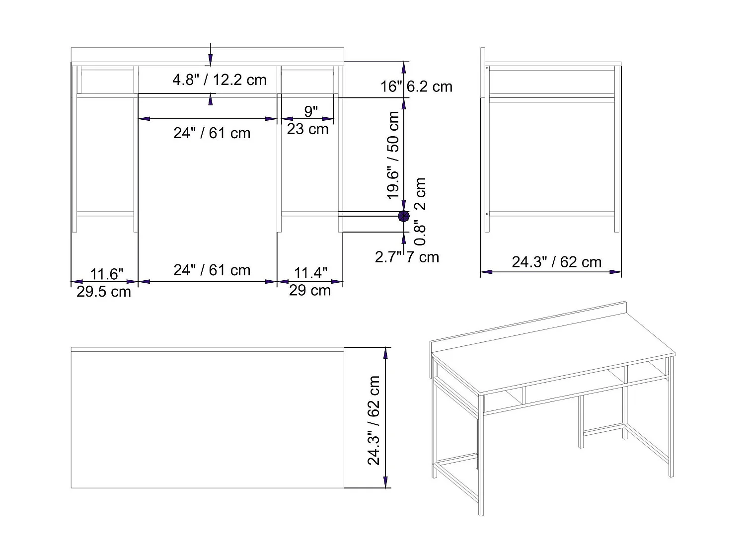 Bureau 3 étagères Plinio 119,5x65,2cm Bois Métal Blanc