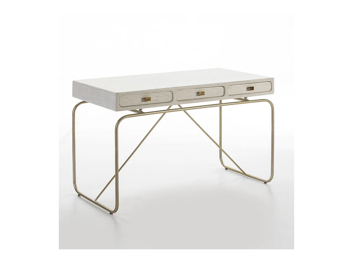Bureau 3 tiroirs bois massif blanc et pieds métal doré Bar