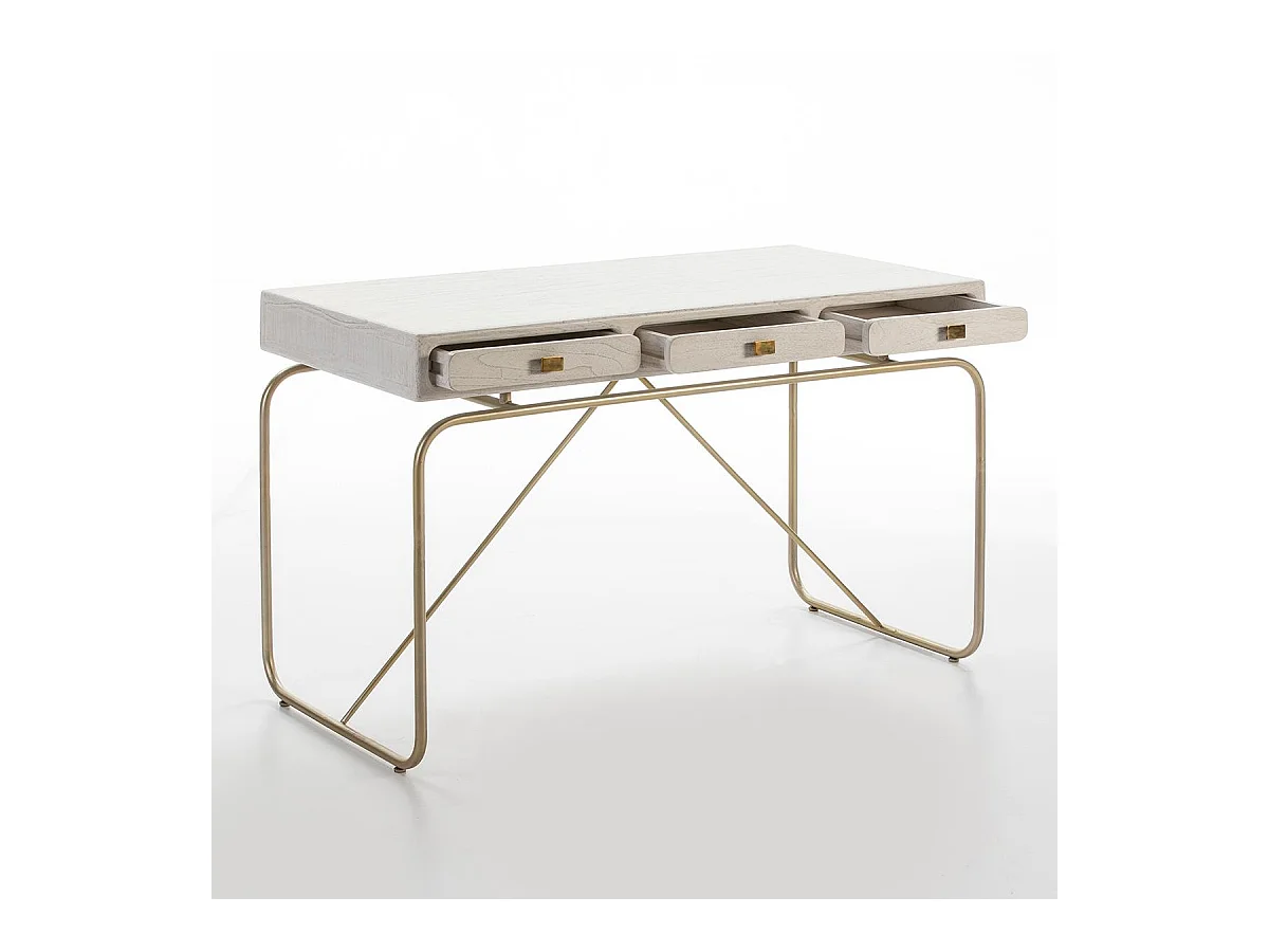 Bureau 3 tiroirs bois massif blanc et pieds métal doré Bar