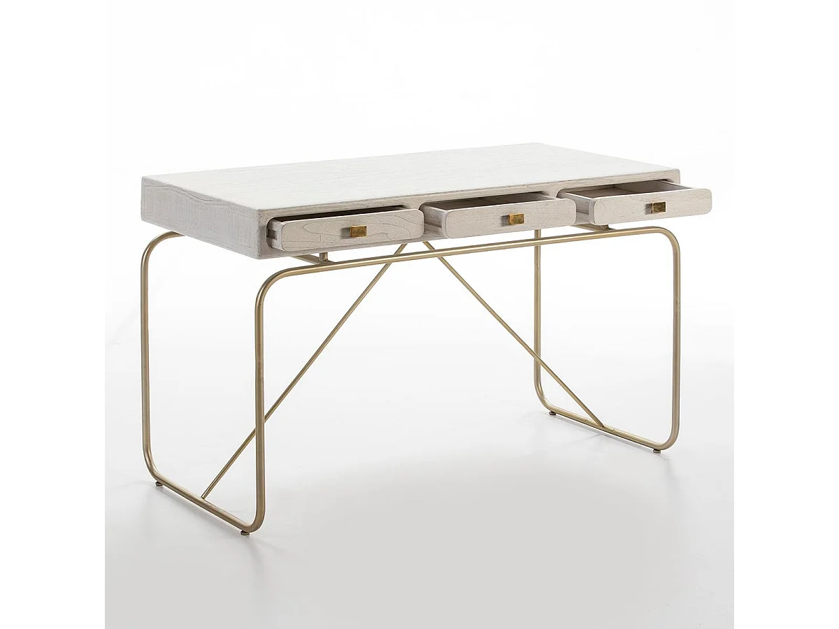 Bureau 3 tiroirs bois massif blanc et pieds métal doré Bar