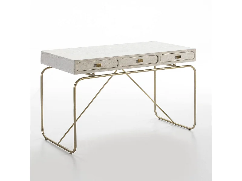 Bureau 3 tiroirs bois massif blanc et pieds métal doré Bar