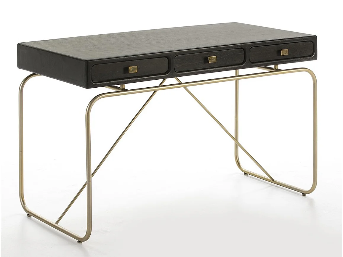 Bureau 3 tiroirs bois massif noir et pieds métal doré Bar