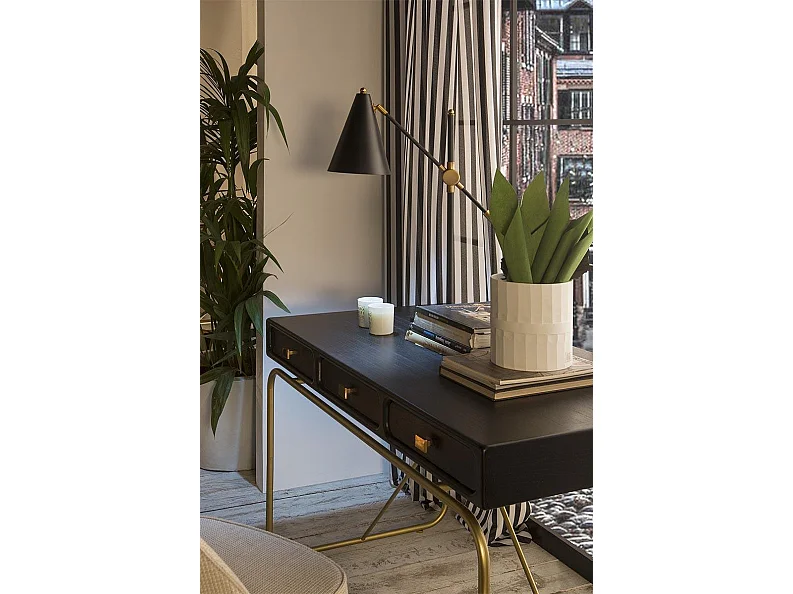 Bureau 3 tiroirs bois massif noir et pieds métal doré Bar