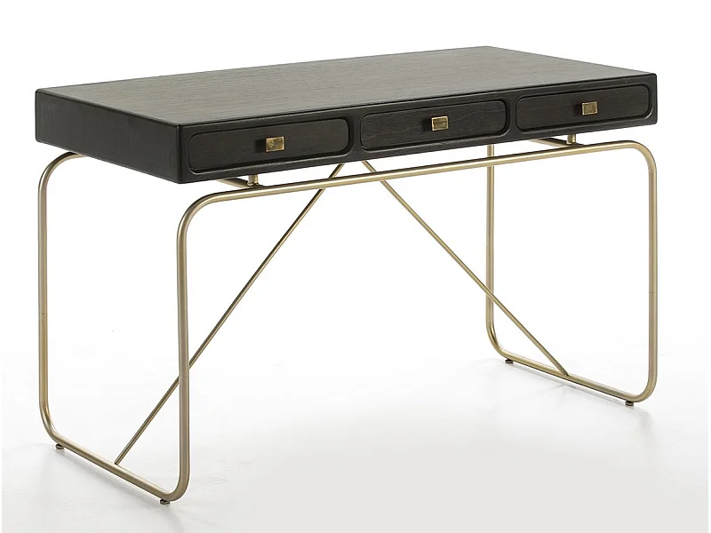 Bureau 3 tiroirs bois massif noir et pieds métal doré Bar