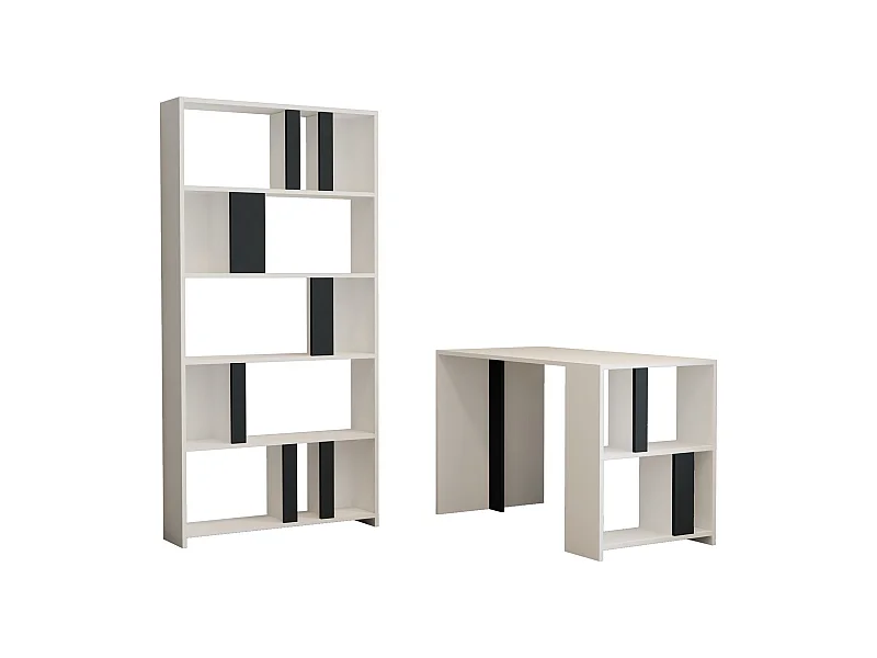 Ensemble bureau et bibliothèque bois blanc et gris Kima