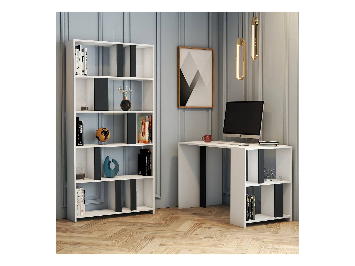 Ensemble bureau et bibliothèque bois blanc et gris Kima