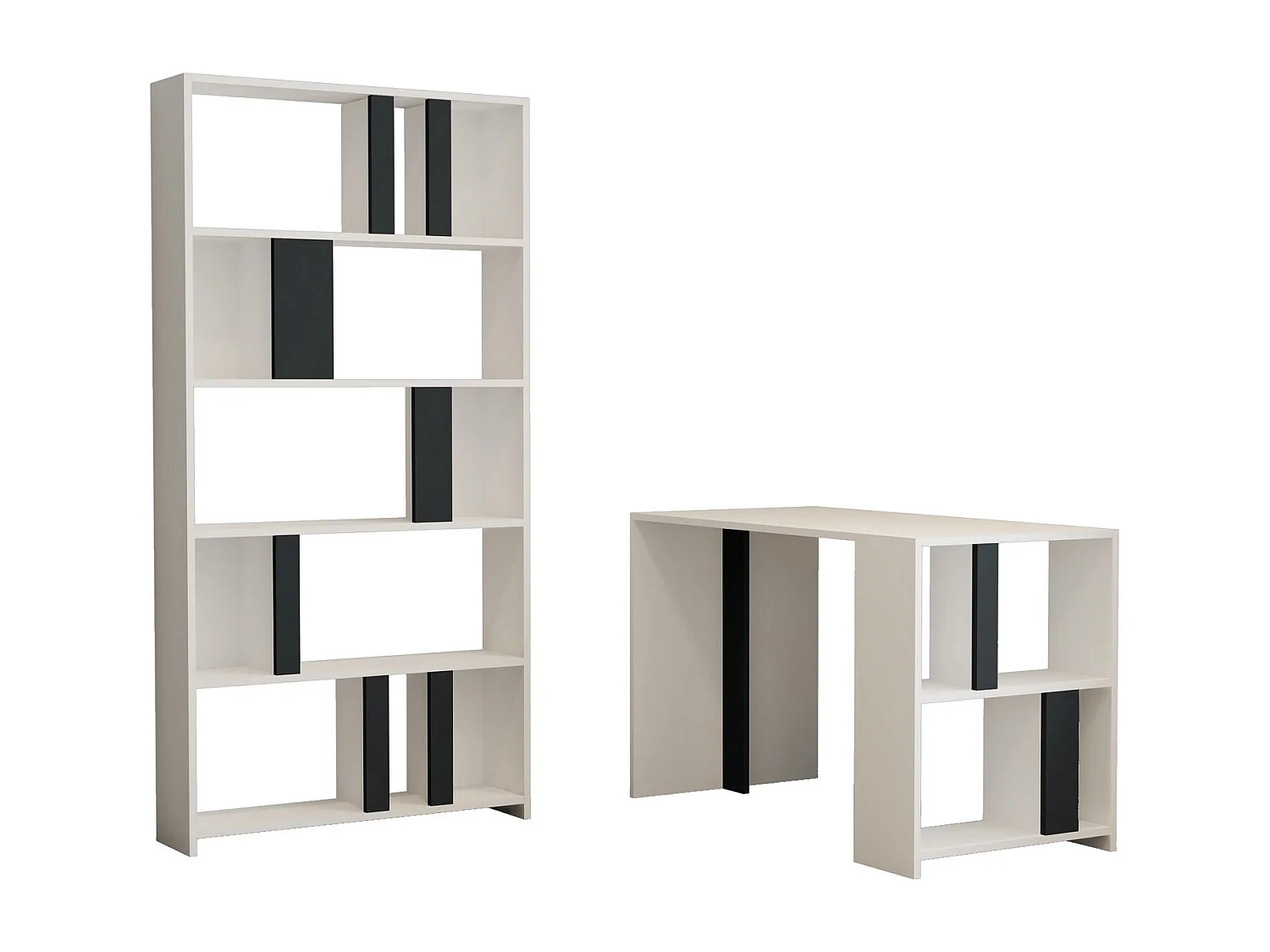 Ensemble bureau et bibliothèque bois blanc et gris Kima