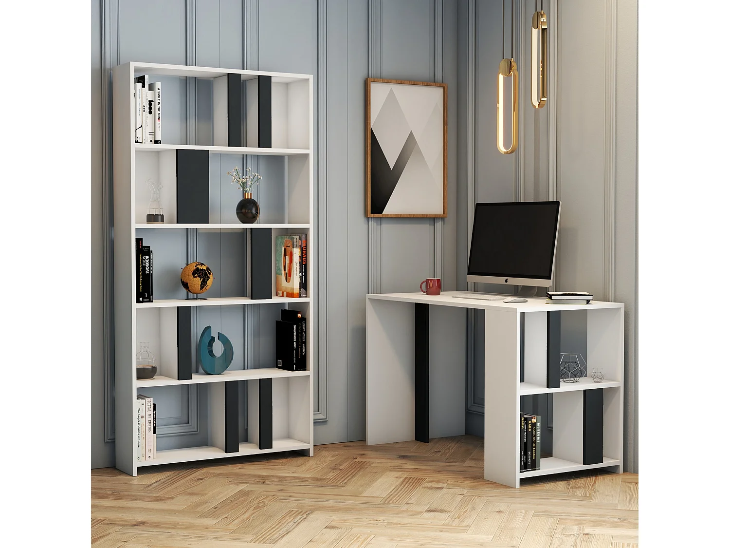 Ensemble bureau et bibliothèque bois blanc et gris Kima