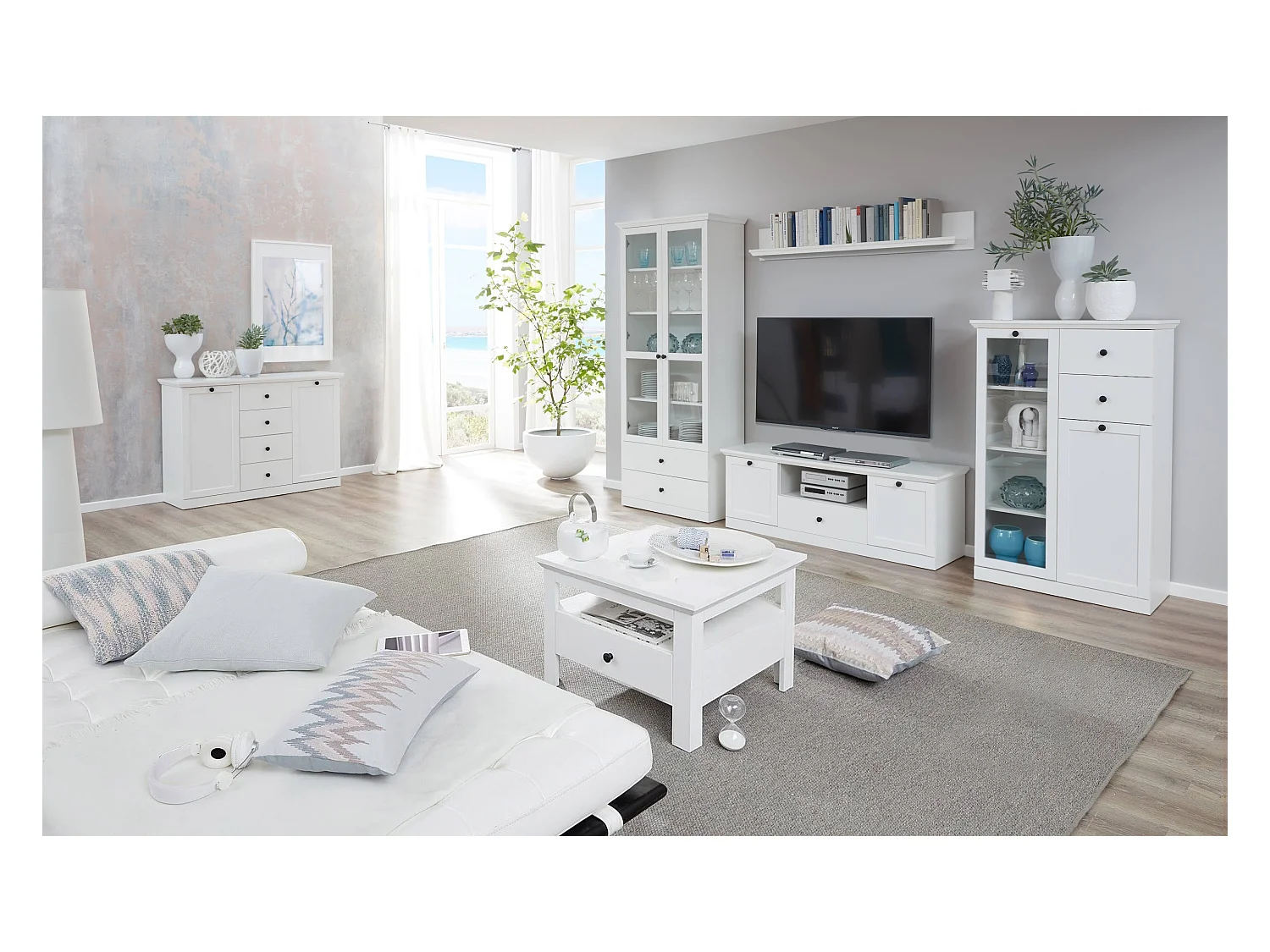 Buffet 4 portes 1 tiroir blanc style campagnard moderne Valex 157cm