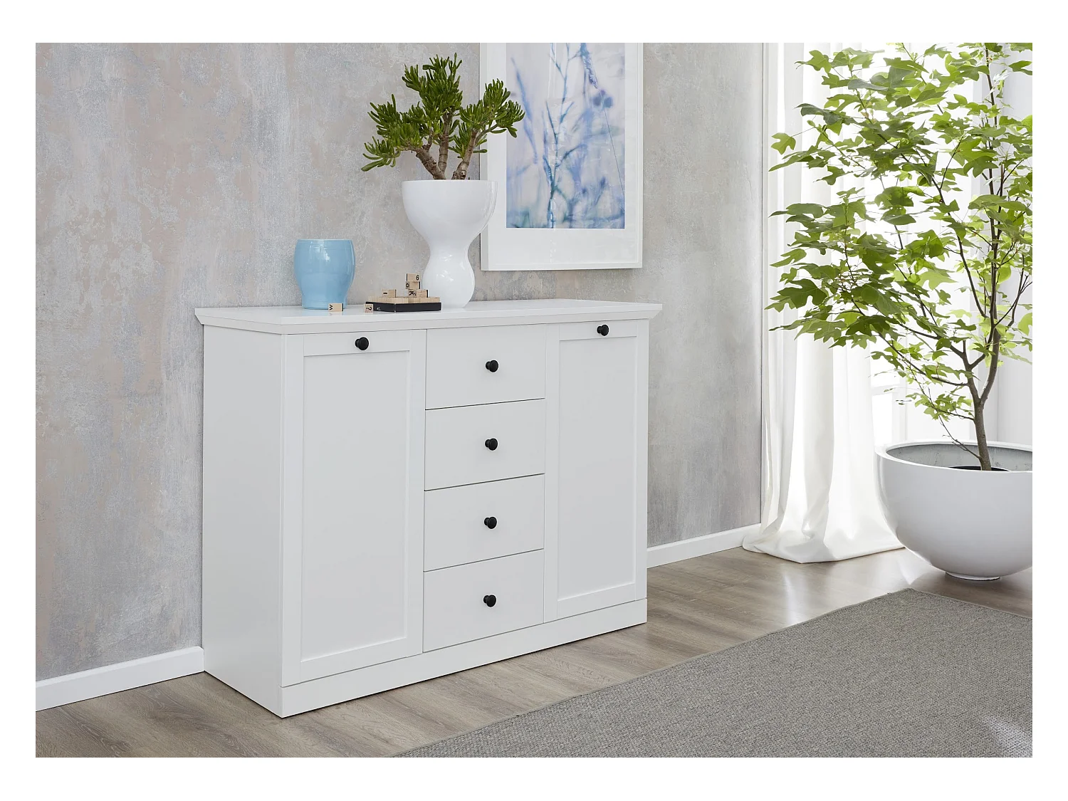 Buffet 4 portes 1 tiroir blanc style campagnard moderne Valex 157cm