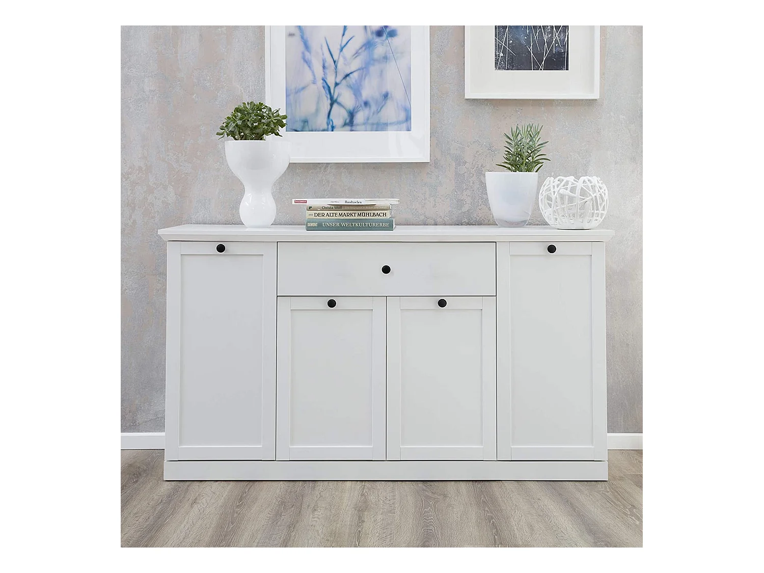 Buffet 4 portes 1 tiroir blanc style campagnard moderne Valex 157cm