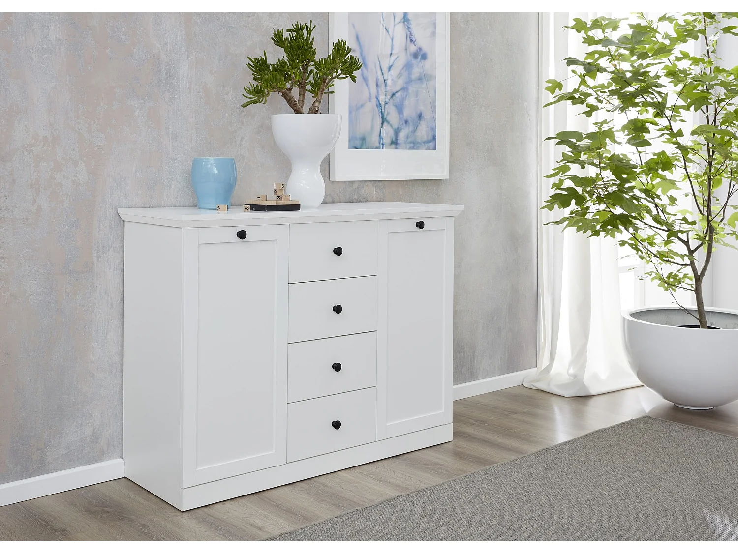Buffet 4 portes 1 tiroir blanc style campagnard moderne Valex 157cm