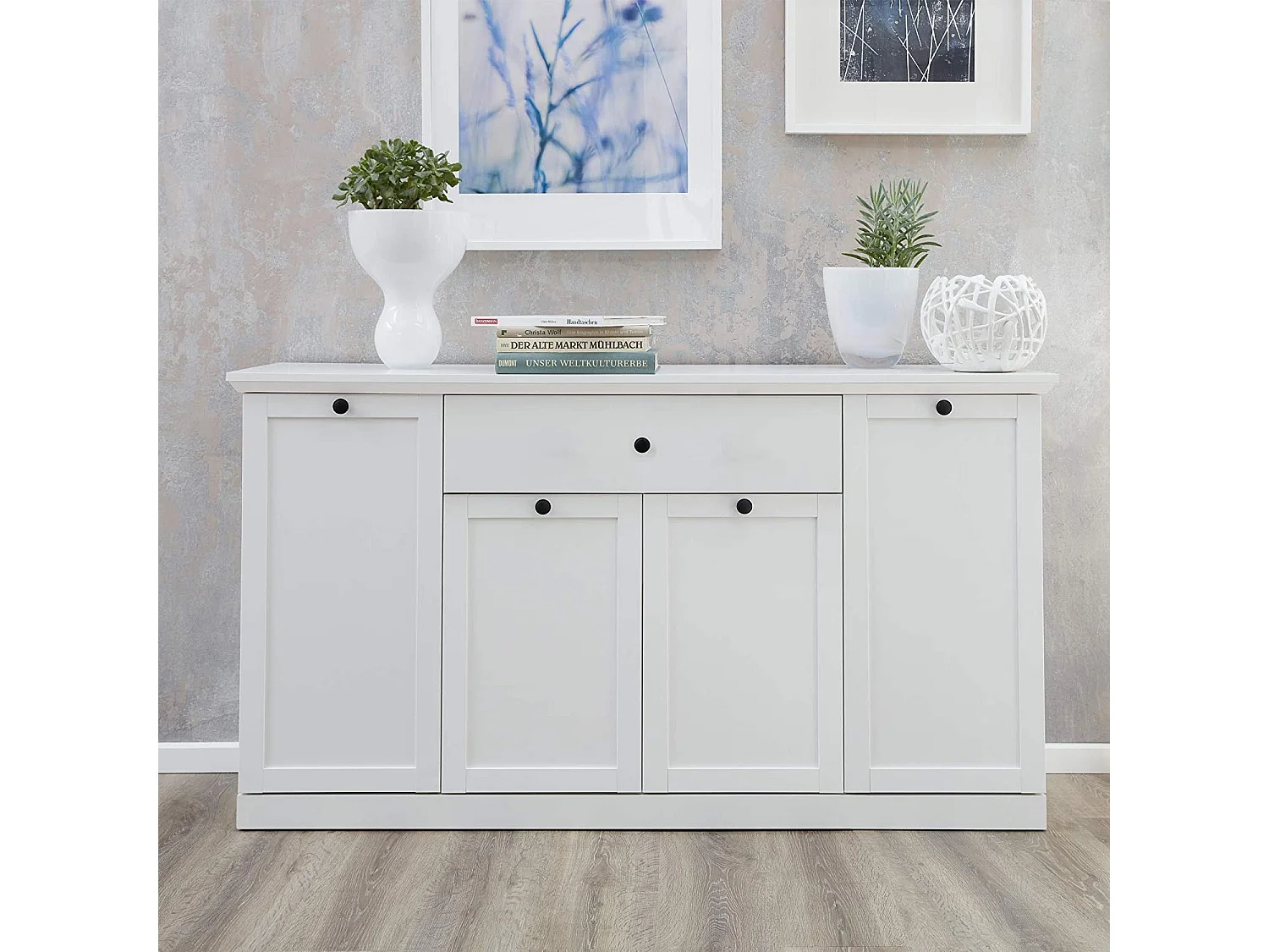 Buffet 4 portes 1 tiroir blanc style campagnard moderne Valex 157cm