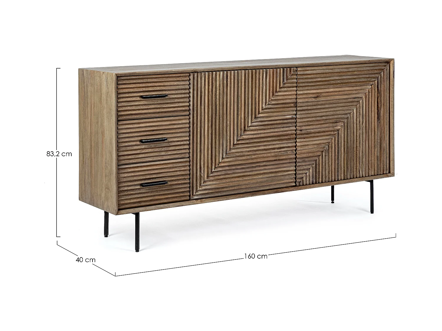 Buffet 2 portes 3 tiroirs en bois massif naturel de manguier Dary 160cm