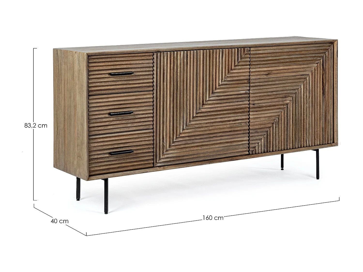 Buffet 2 portes 3 tiroirs en bois massif naturel de manguier Dary 160cm